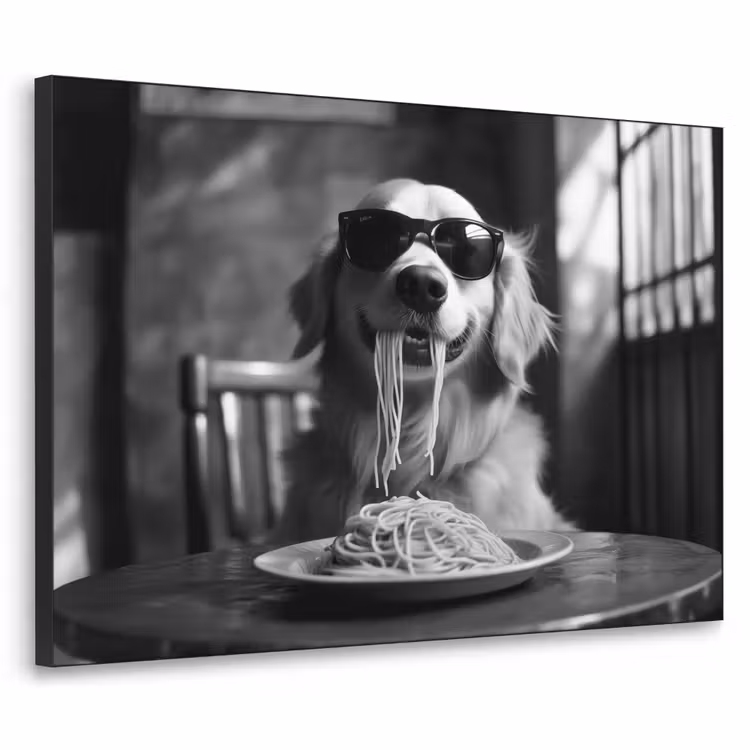 Art Frame - Golden Retriever - Hond - Vrolijk - Bord spaghetti - Zwart - wit — 1