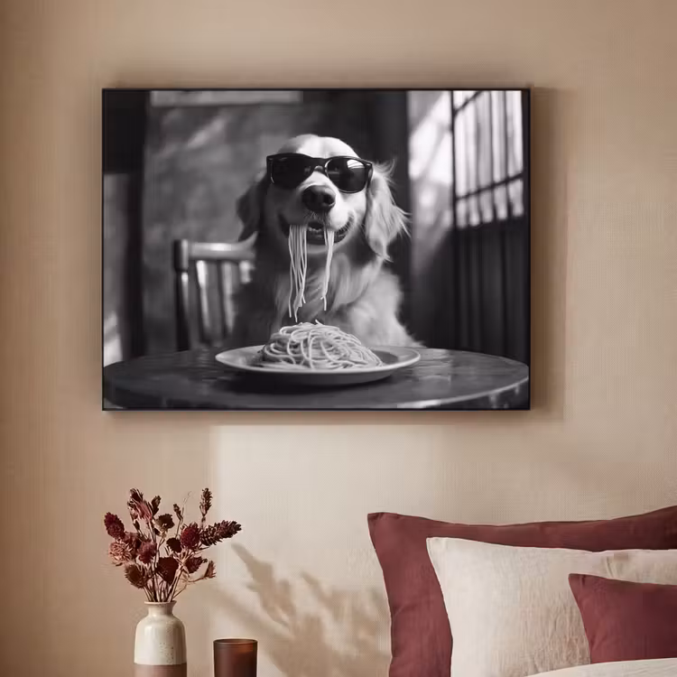 Art Frame - Golden Retriever - Hond - Vrolijk - Bord spaghetti - Zwart - wit — 3
