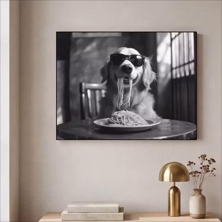 Art Frame - Golden Retriever - Hond - Vrolijk - Bord spaghetti - Zwart - wit — 5