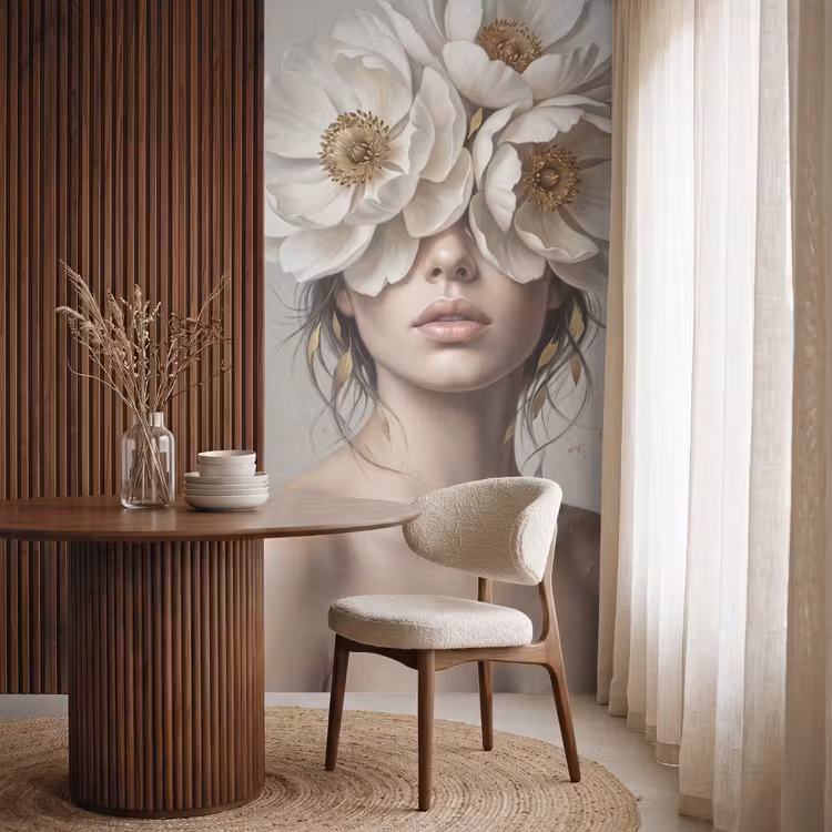 Behang - Vrouw - Pioenroos - Wit — 4