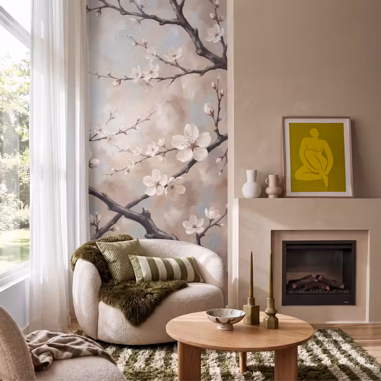 Behang - Bloesem - Takken - Schilderij - Beige - Serene — 1