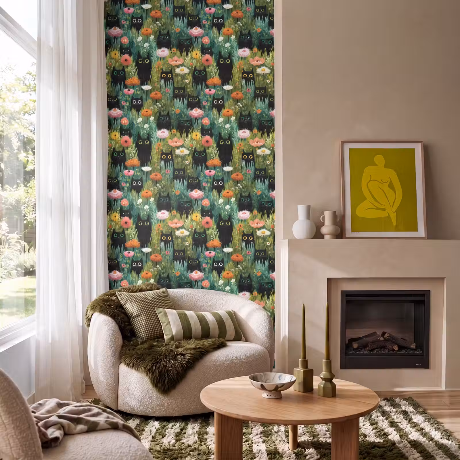 Behang - Katten - Bloemen - Kleurrijk — 1