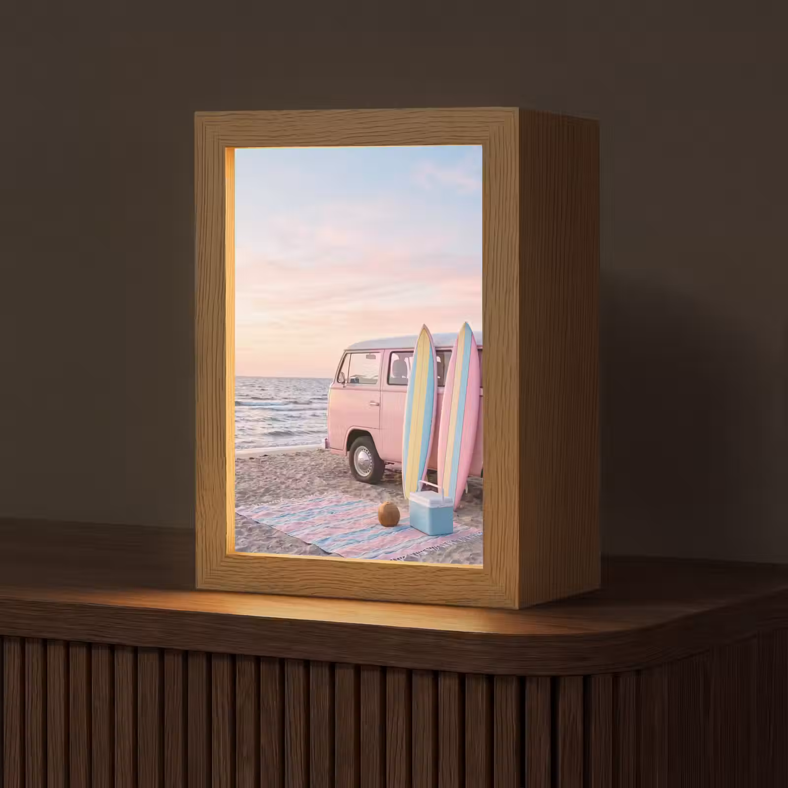 Gepersonaliseerde Lightbox - Busje - Strand - Surfplank - Zomer - Roze — 1