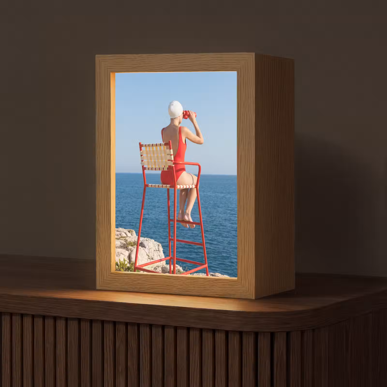 Gepersonaliseerde Lightbox - Vrouw - Zee - Kust - Verrekijker - Rood — 1