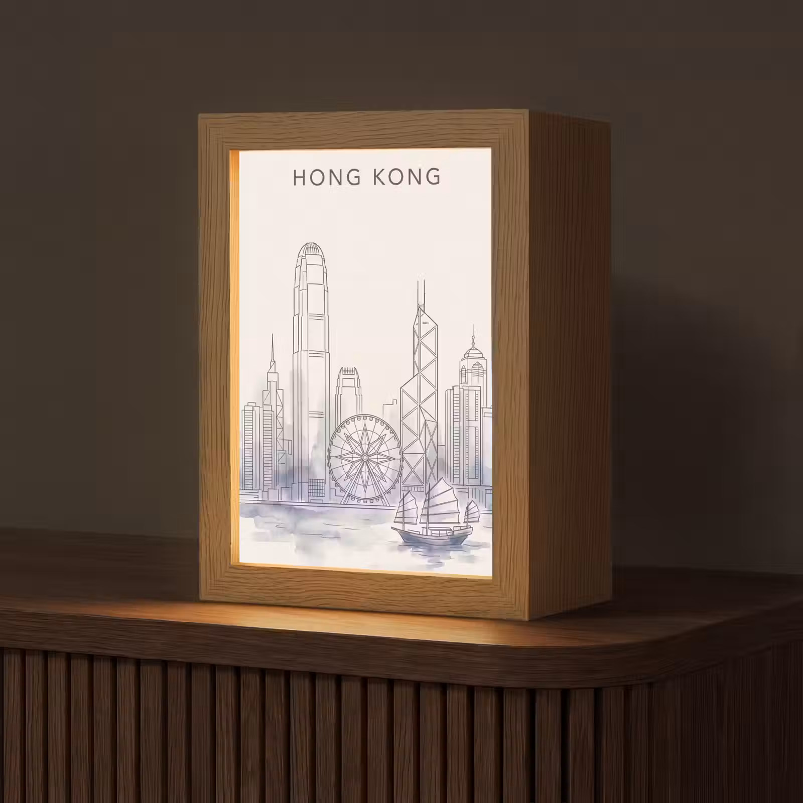 Gepersonaliseerde Lightbox - Stad - Skyline - Water - Lijntekening - Blauw — 1