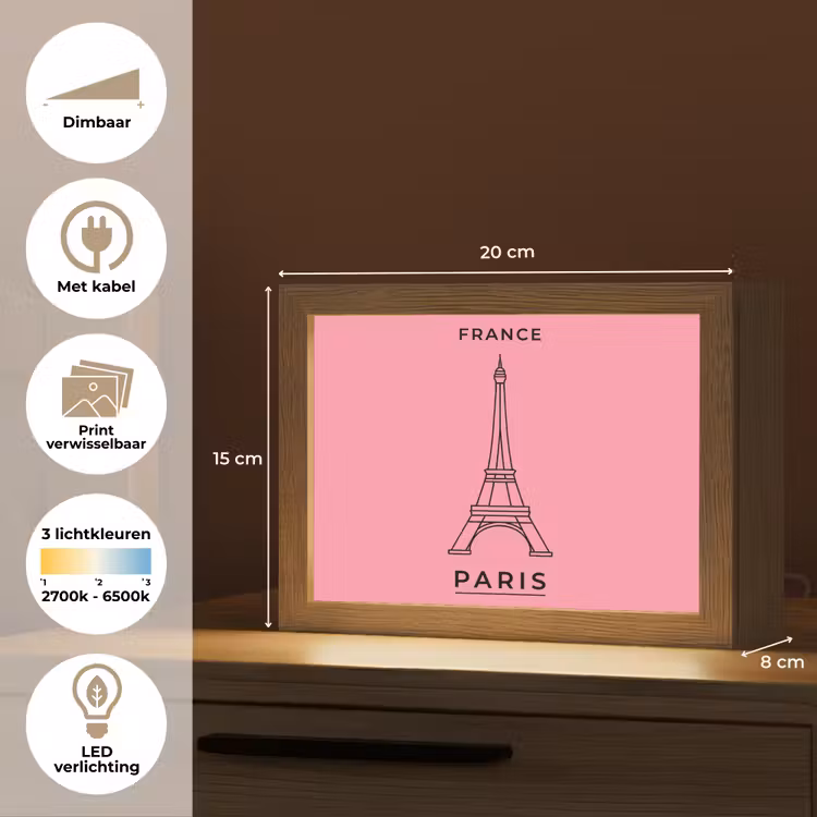 Lightbox - Wandlamp - Eiffeltoren - Parijs - Architectuur - Minimalistisch - Roze — 9