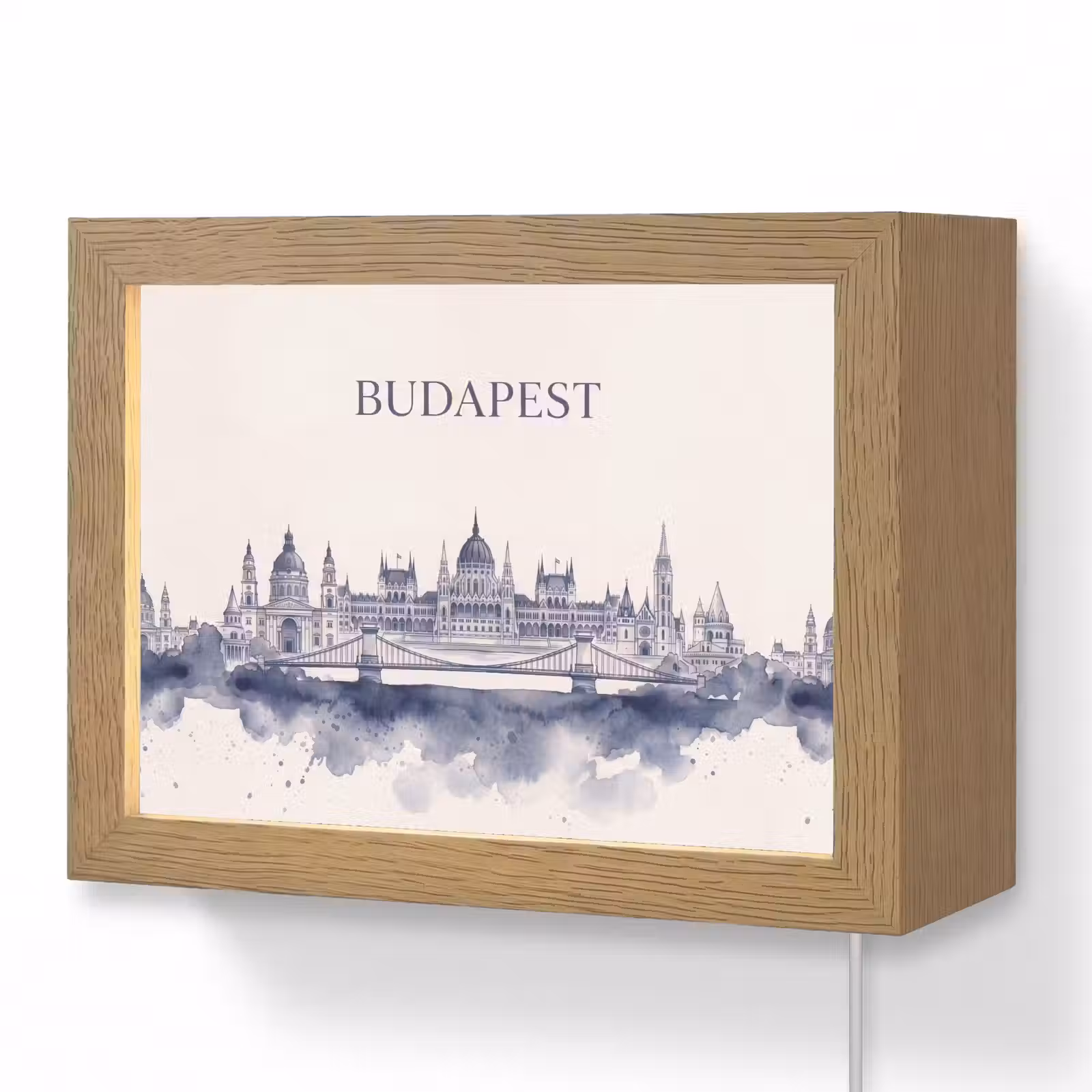 Lightbox - Wandlamp - Boedapest - Skyline - Architectuur - Aquarel - Blauw — 1
