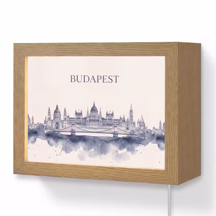 Lightbox - Wandlamp - Boedapest - Skyline - Architectuur - Aquarel - Blauw — 1