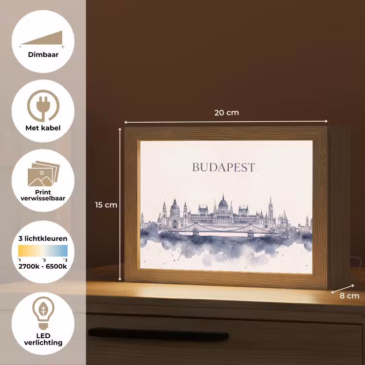 Lightbox - Wandlamp - Boedapest - Skyline - Architectuur - Aquarel - Blauw — 9