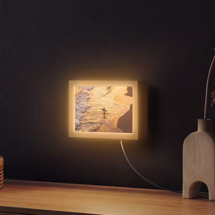 Lightbox - Wandlamp - Surfer - Strand - Zonsondergang - Oceaan - Goud — 2