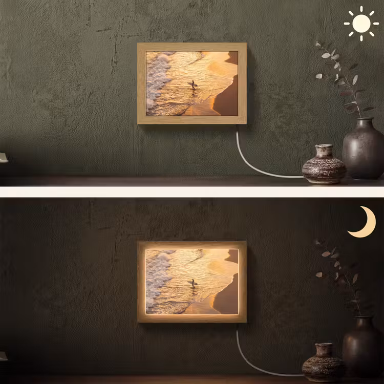 Lightbox - Wandlamp - Surfer - Strand - Zonsondergang - Oceaan - Goud — 3