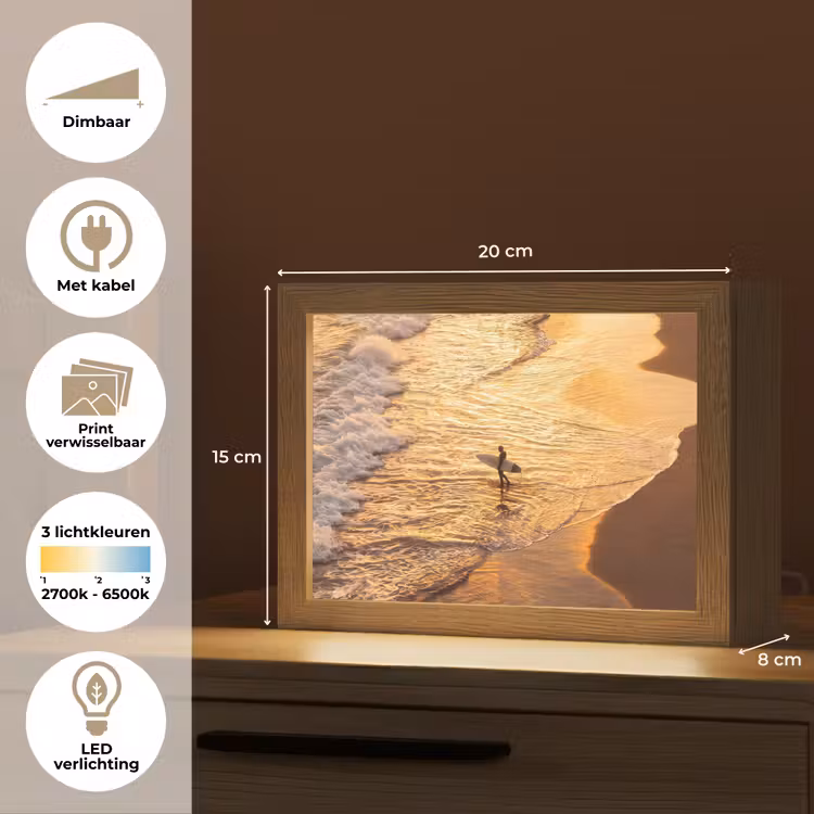 Lightbox - Wandlamp - Surfer - Strand - Zonsondergang - Oceaan - Goud — 9