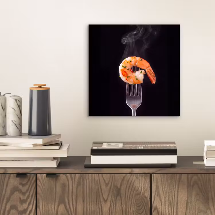 Aluminium schilderij - Eten - Garnaal - Vork — 2