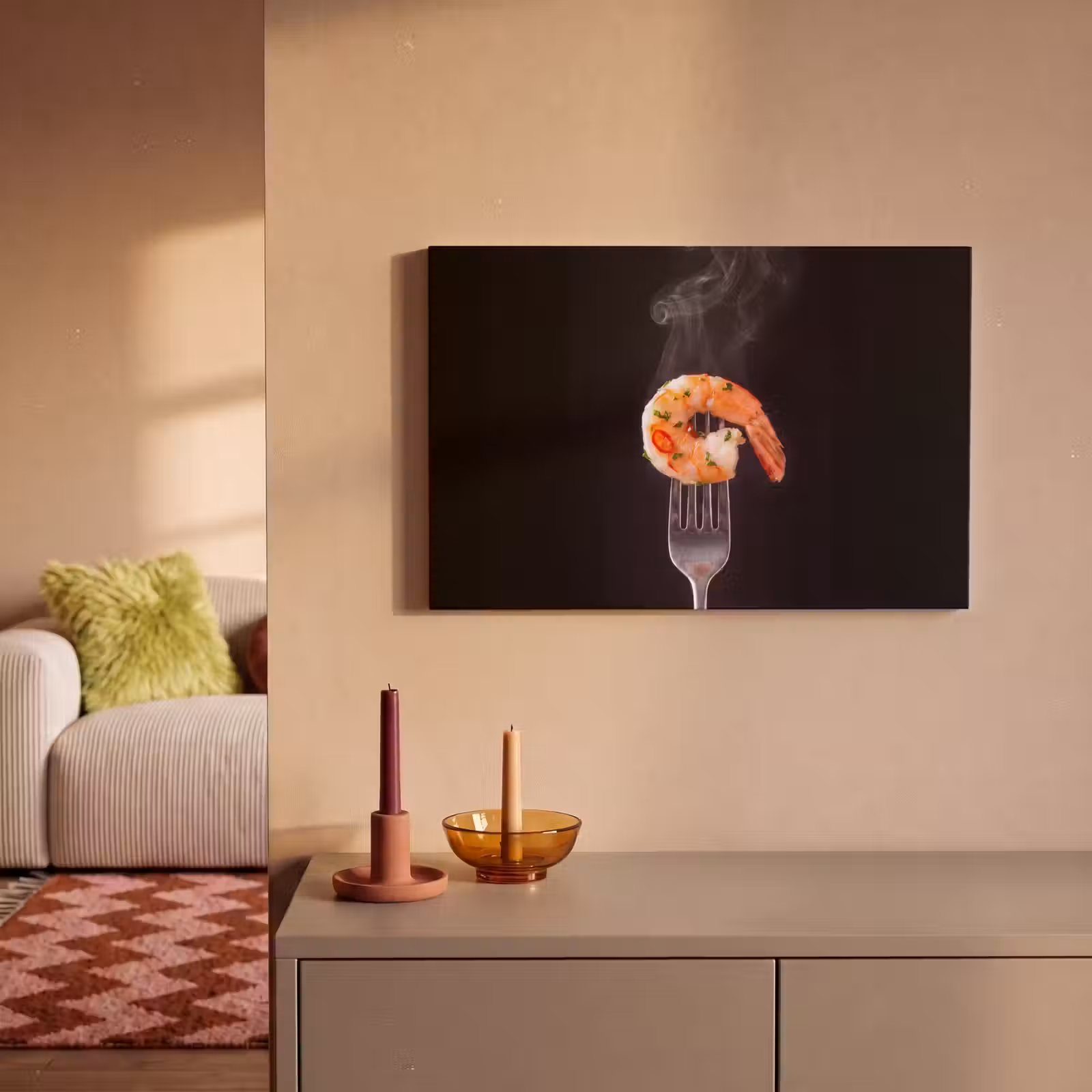 Canvas schilderij - Eten - Garnaal - Vork — 1