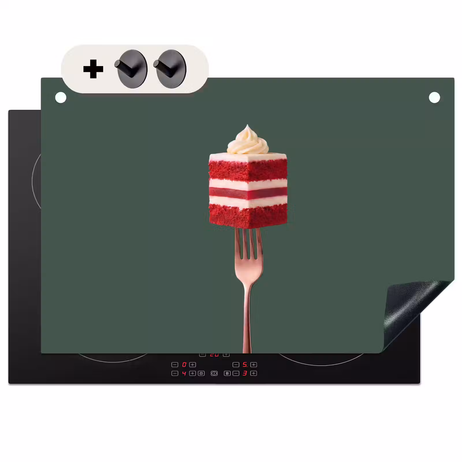 Inductie beschermer en spatscherm (2in1) - Cake - Vork - Rood — 1