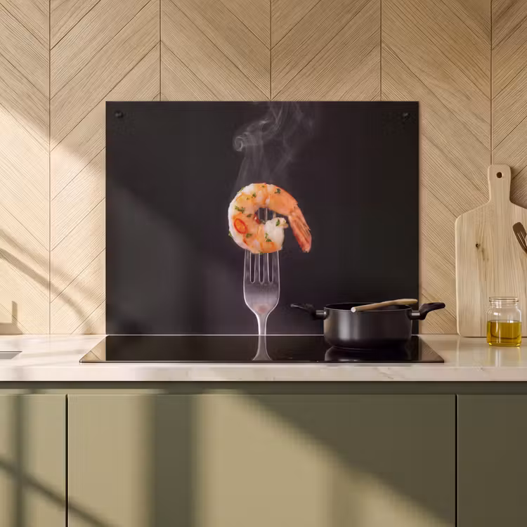 Inductie beschermer en spatscherm (2in1) - Eten - Garnaal - Vork — 2