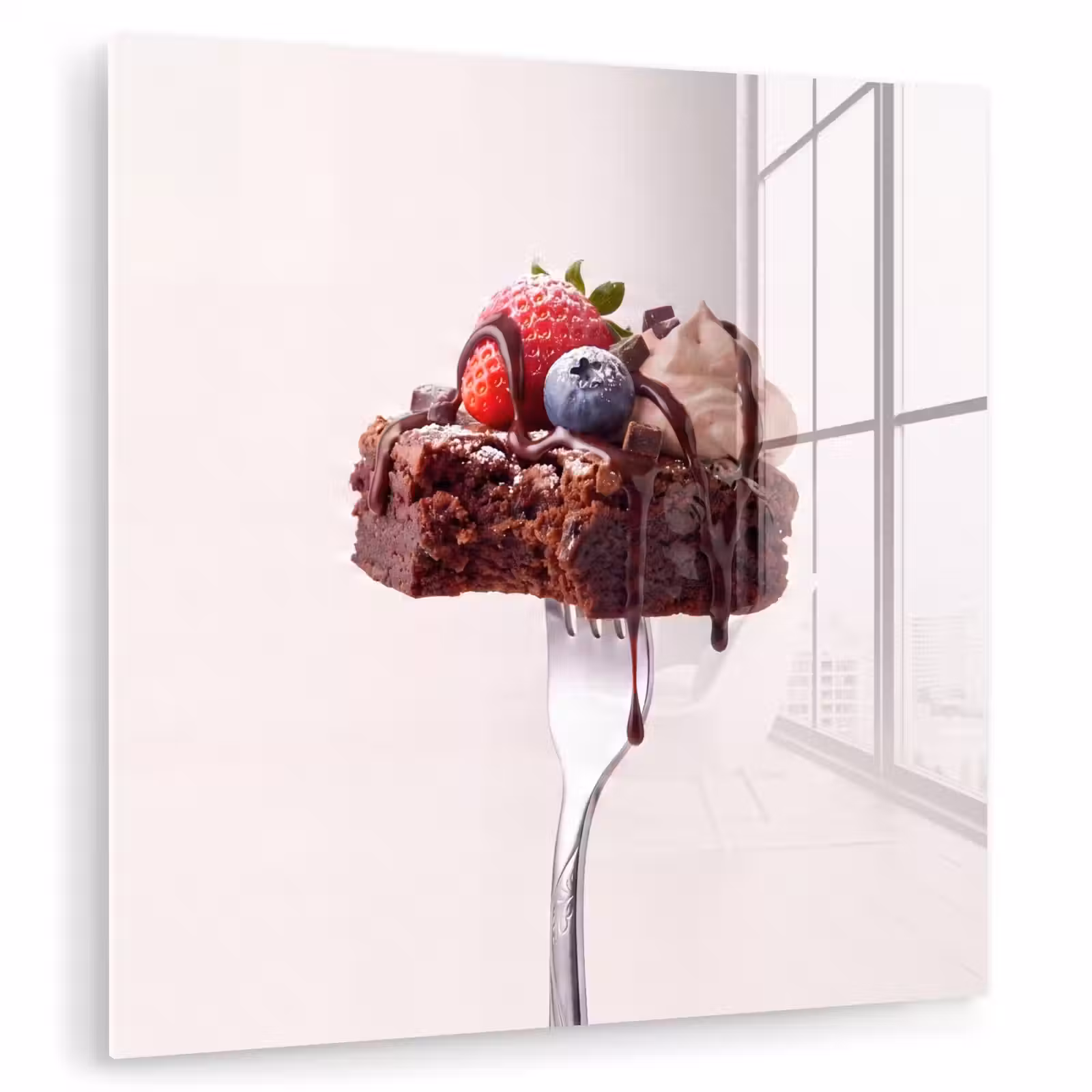 Glas schilderij - Vork - brownie - aardbei — 1