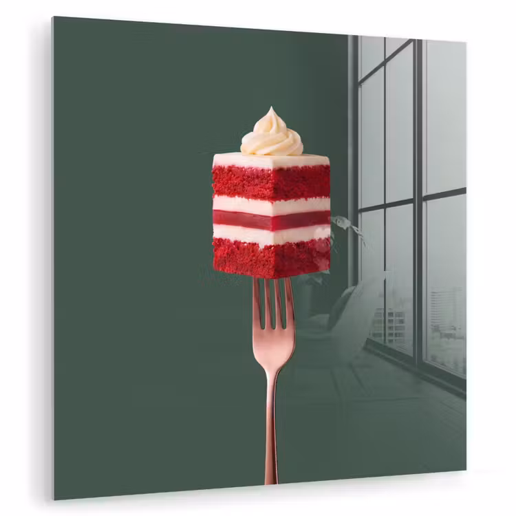 Glas schilderij - Cake - Vork - Rood — 1