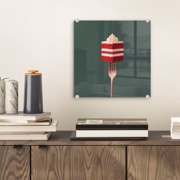 Glas schilderij - Cake - Vork - Rood — 2