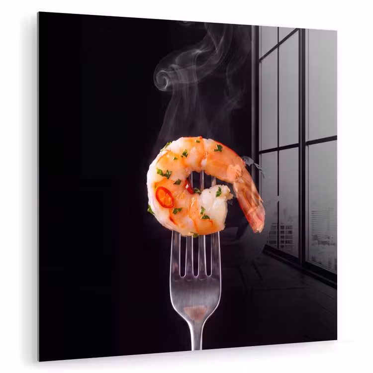 Glas schilderij - Eten - Garnaal - Vork — 1