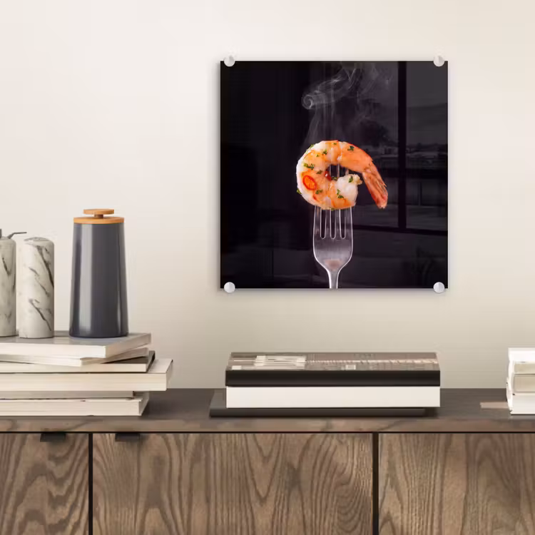 Glas schilderij - Eten - Garnaal - Vork — 2