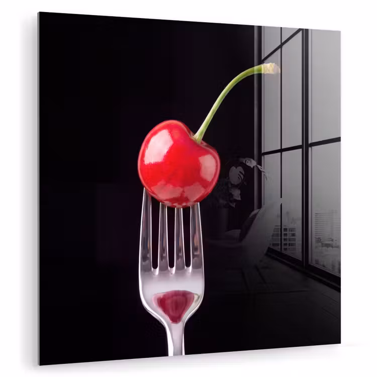 Glas schilderij - Rode kers - Vork — 1