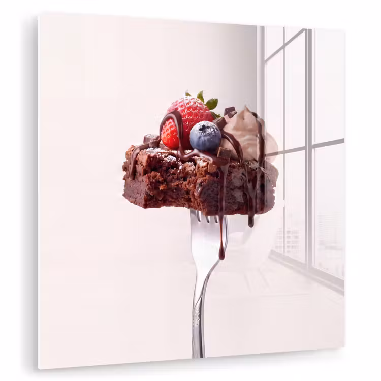 Glas schilderij - Vork - brownie - aardbei — 1