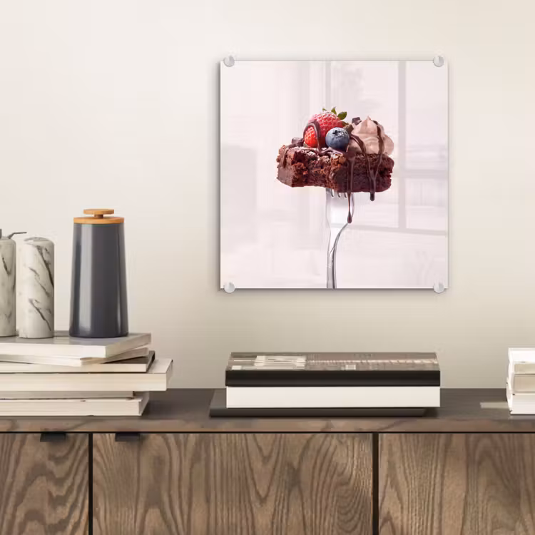 Glas schilderij - Vork - brownie - aardbei — 2