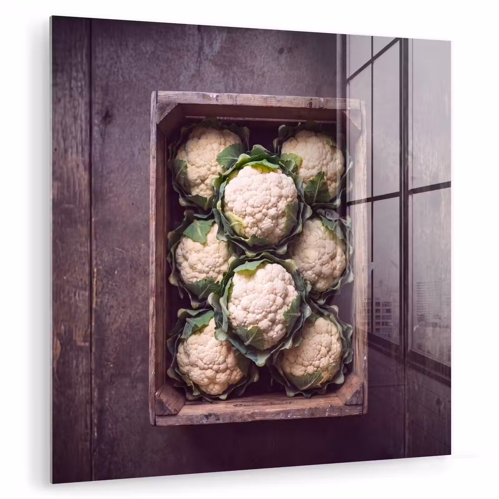 Glas schilderij - Bloemkool - Houten kist — 1