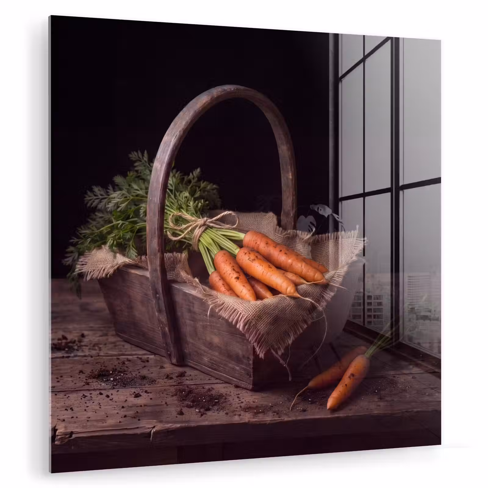 Glas schilderij - Wortels - Mand - Eten — 1
