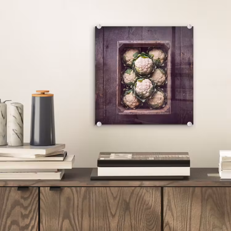 Glas schilderij - Bloemkool - Houten kist — 2