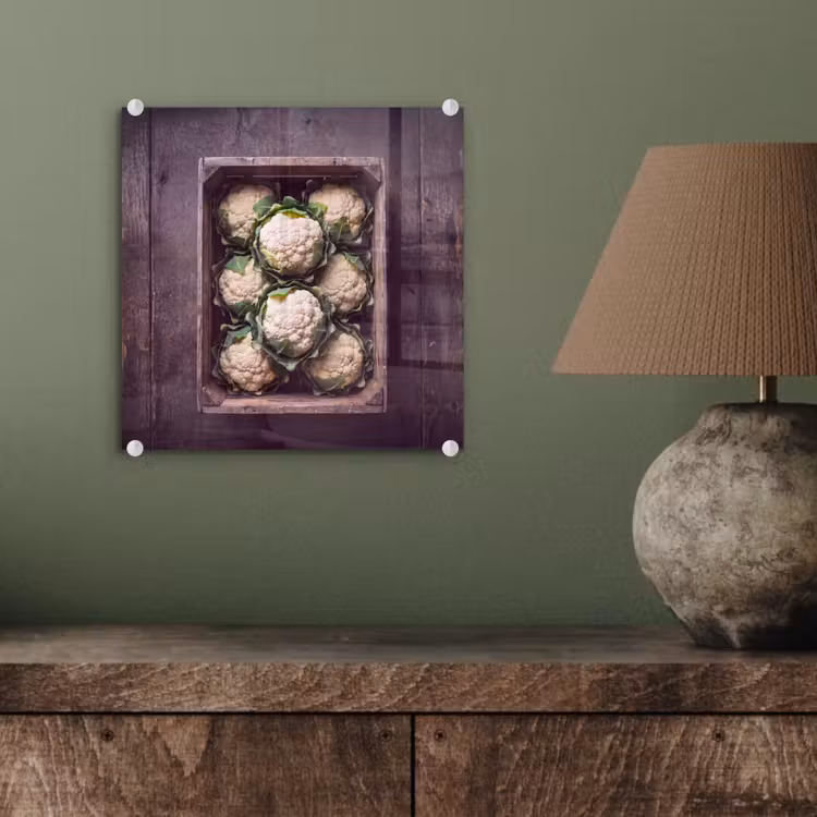Glas schilderij - Bloemkool - Houten kist — 4