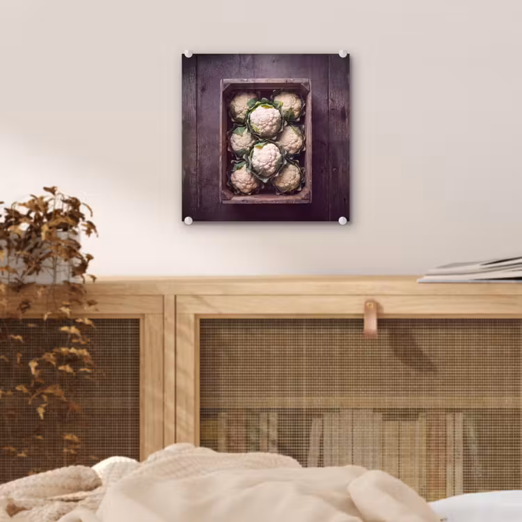 Glas schilderij - Bloemkool - Houten kist — 5