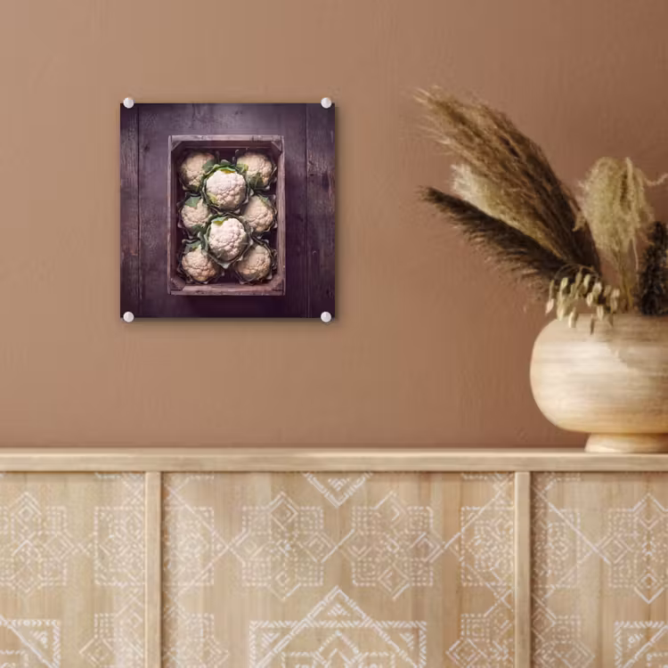 Glas schilderij - Bloemkool - Houten kist — 6