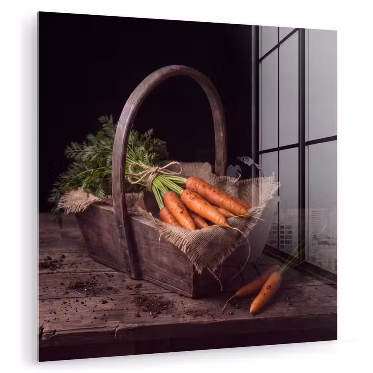Glas schilderij - Wortels - Mand - Eten — 1