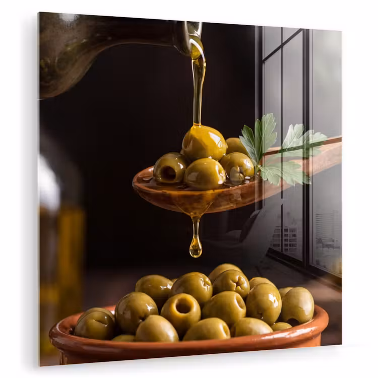 Glas schilderij - Olijven - Olijfolie - Eten — 1