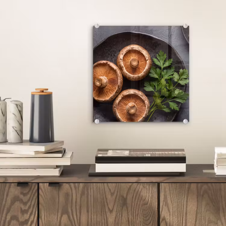 Glas schilderij - Paddestoelen - Kruiden - Eten — 2