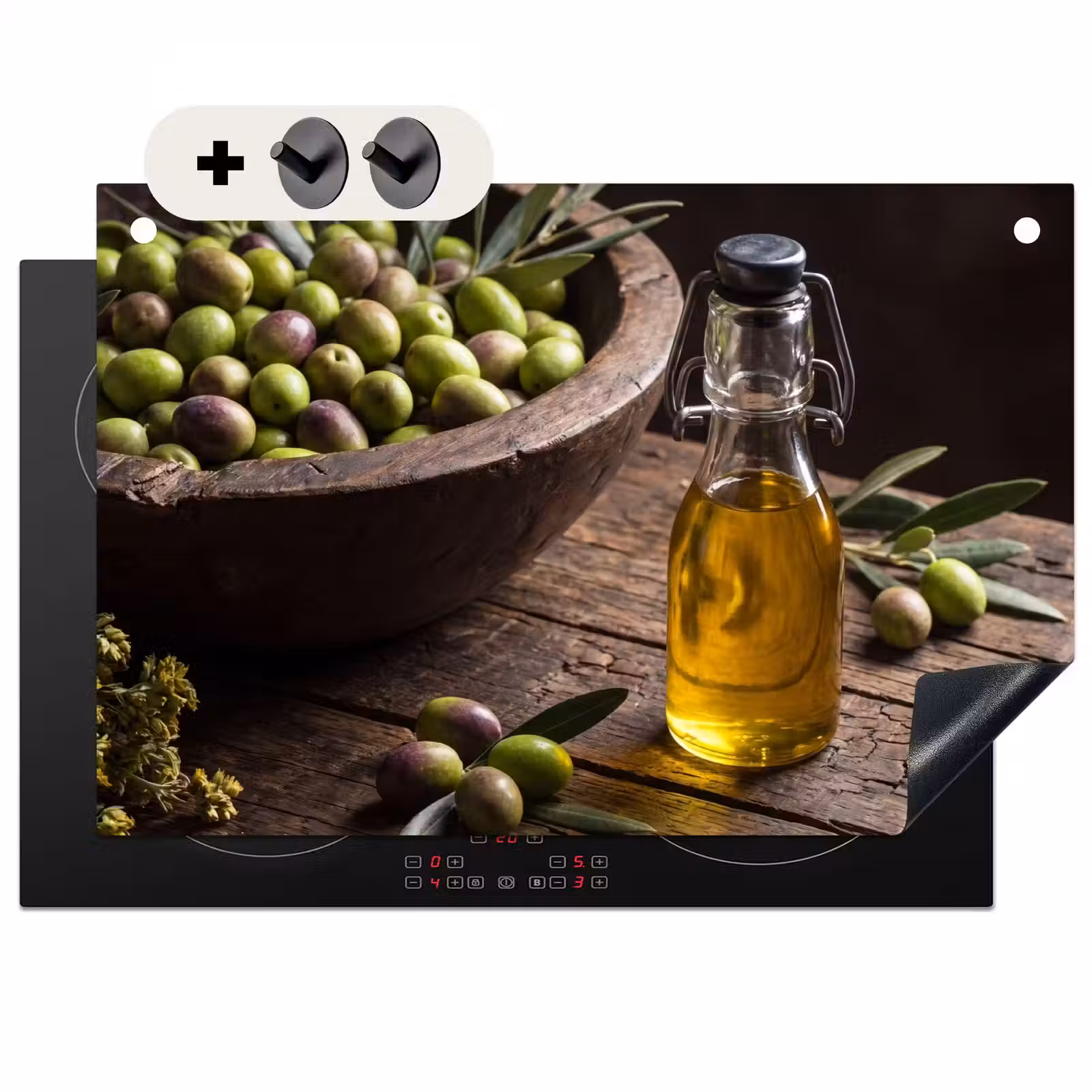 Inductie beschermer en spatscherm (2in1) - Olijven - Eten - Rustiek — 1