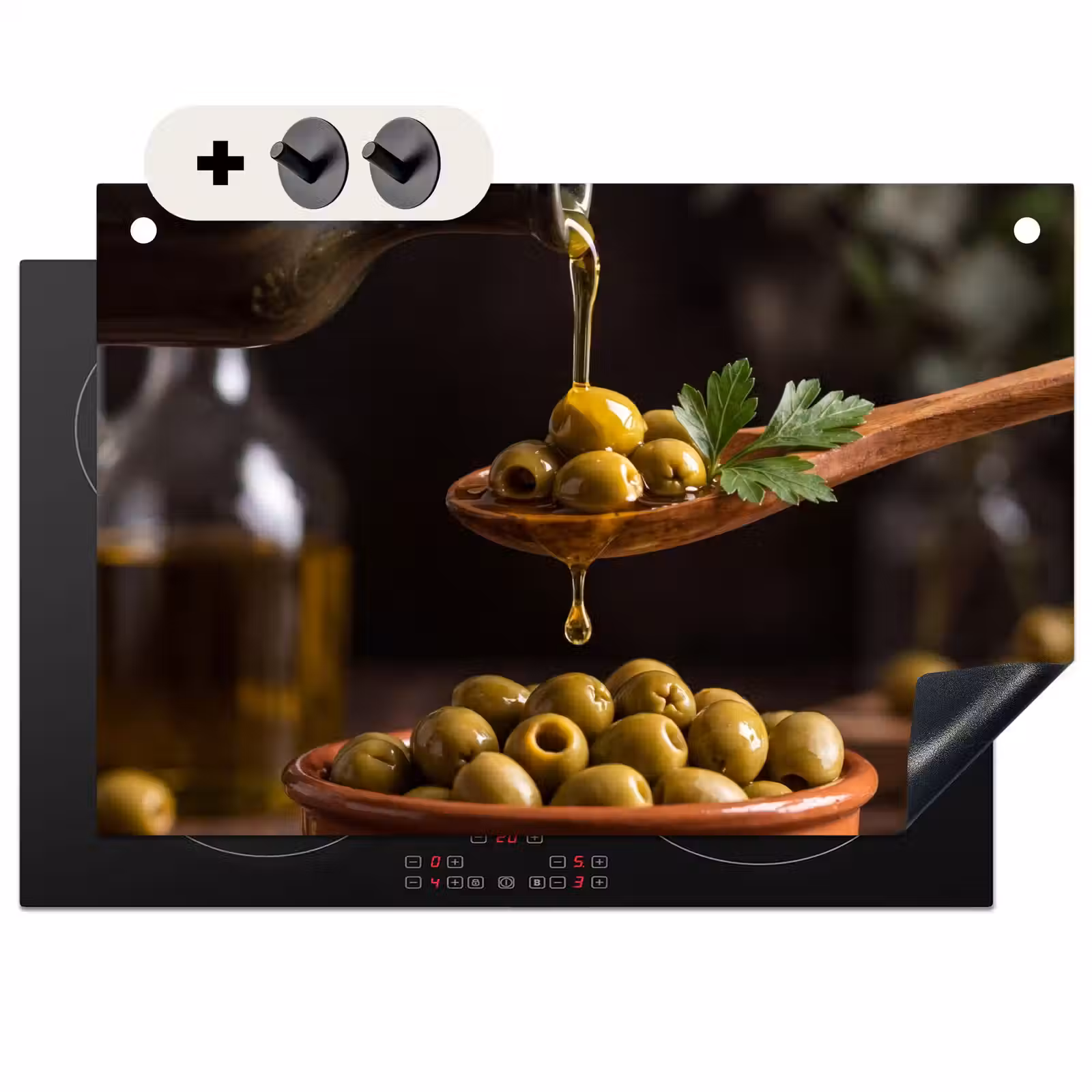 Inductie beschermer en spatscherm (2in1) - Olijven - Olijfolie - Eten — 1