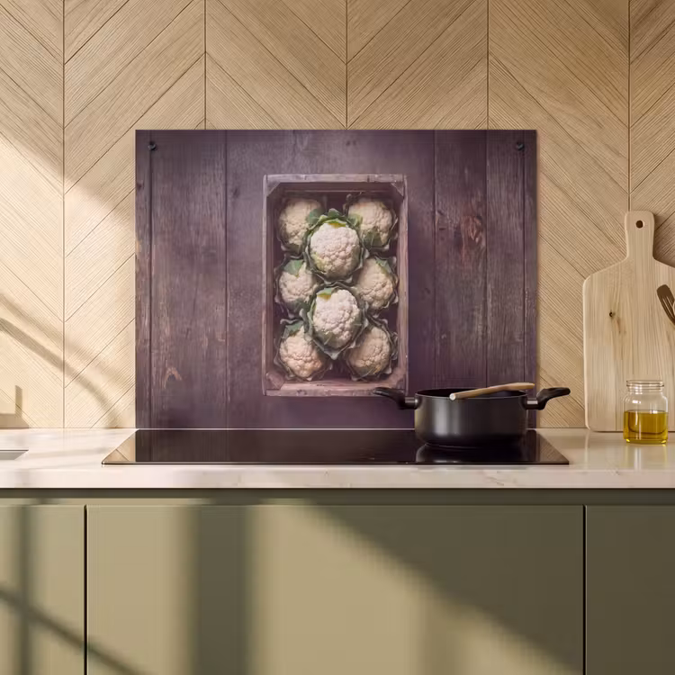 Inductie beschermer en spatscherm (2in1) - Bloemkool - Houten kist — 2