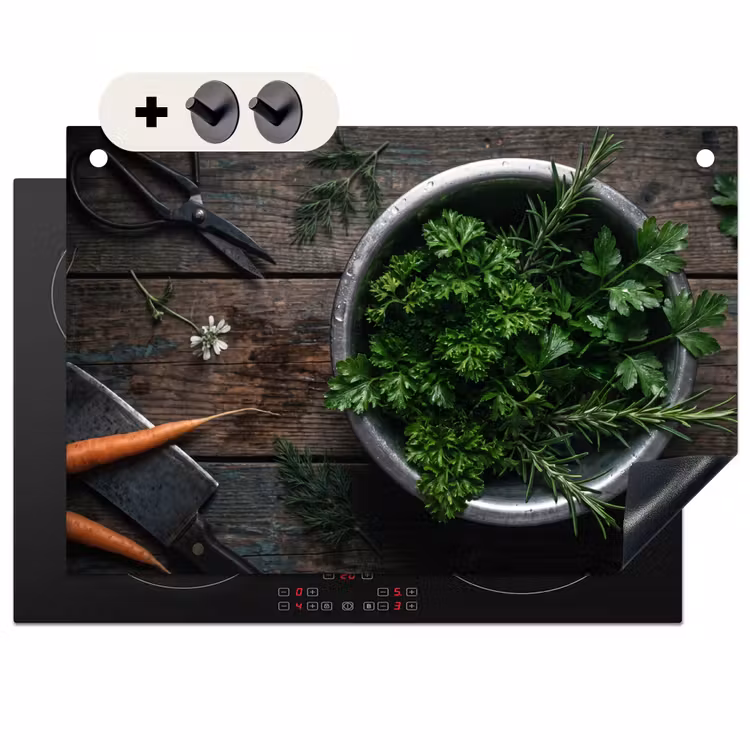 Inductie beschermer en spatscherm (2in1) - Groenten - Hout - Eten — 1