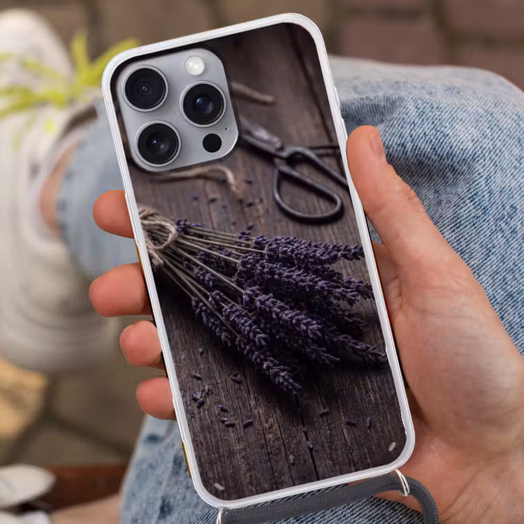 Telefoonhoesje met koord - Bloemen - Rustiek - Paars — 2