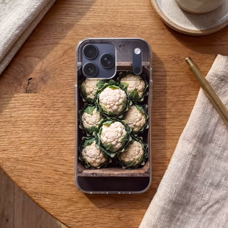 Telefoonhoesje Softcase - Bloemkool - Houten kist — 2