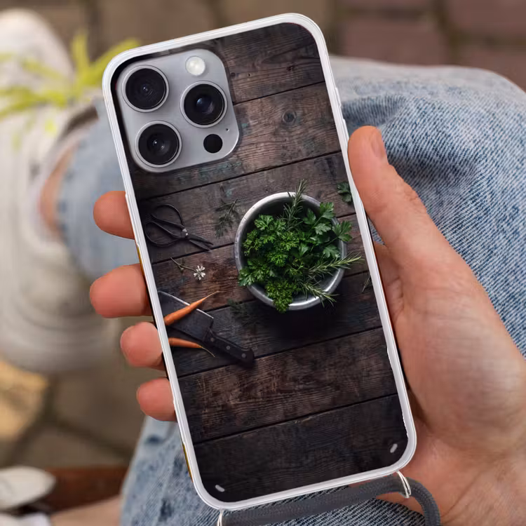 Telefoonhoesje met koord - Groenten - Hout - Eten — 2