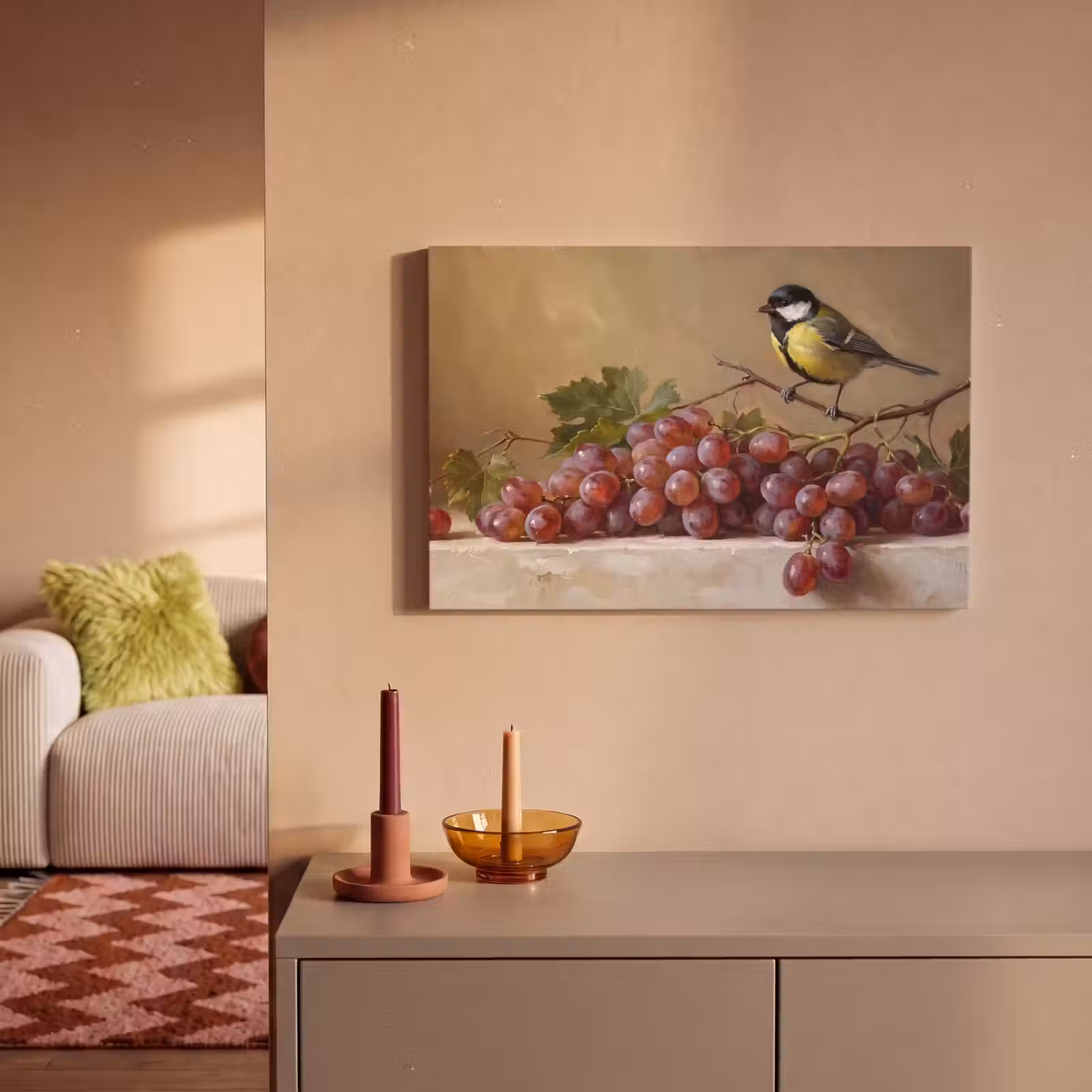 Canvas schilderij - Vogel - Druiven - Stilleven — 1