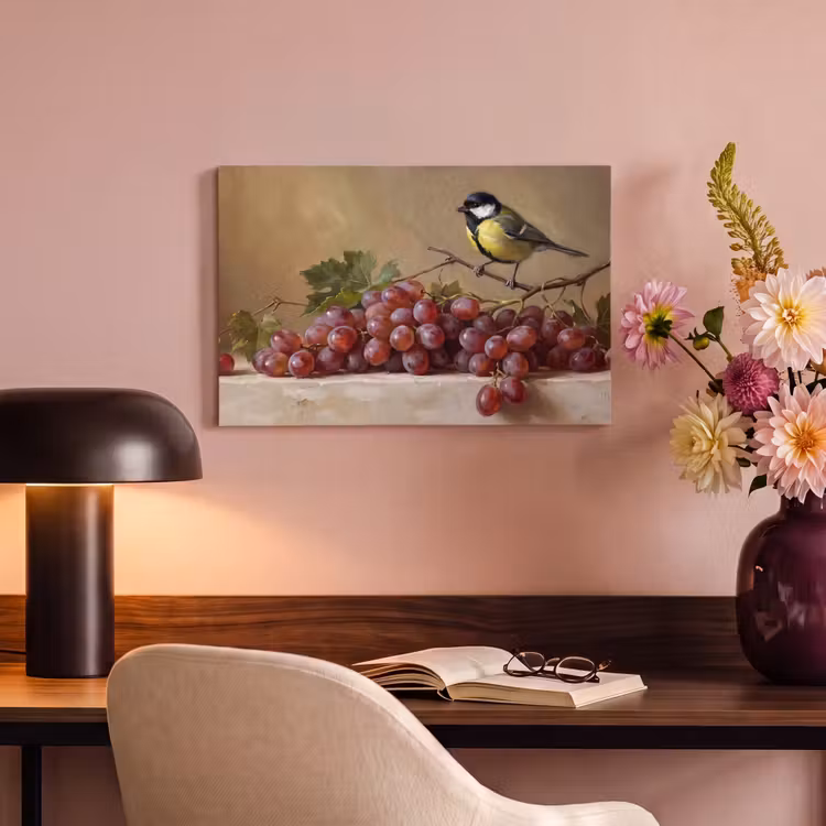 Canvas schilderij - Vogel - Druiven - Stilleven — 5