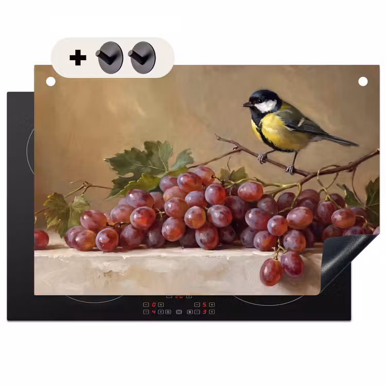 Inductie beschermer en spatscherm (2in1) - Vogel - Druiven - Stilleven — 1