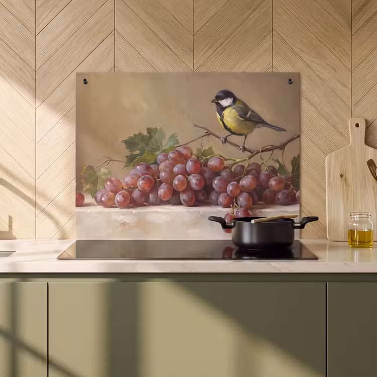 Inductie beschermer en spatscherm (2in1) - Vogel - Druiven - Stilleven — 2