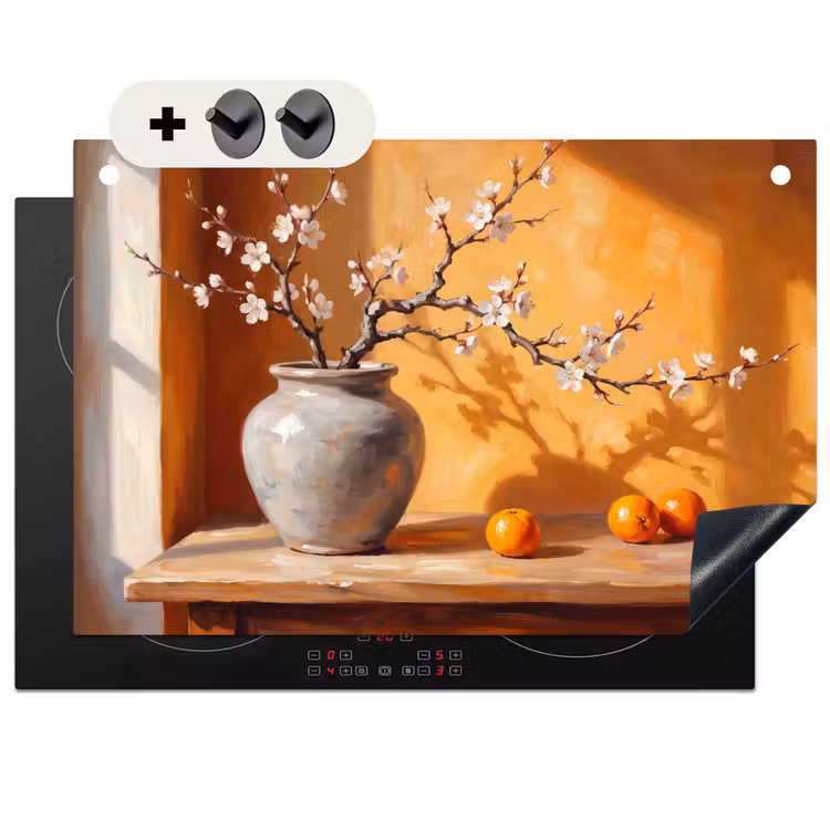 Inductie beschermer en spatscherm (2in1) - Witte bloemen - Stilleven — 1