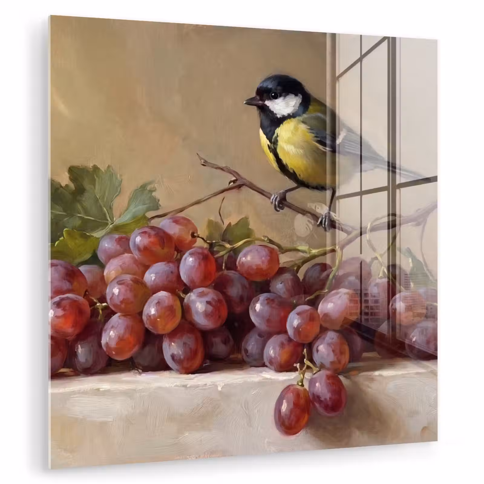 Glas schilderij - Vogel - Druiven - Stilleven — 1